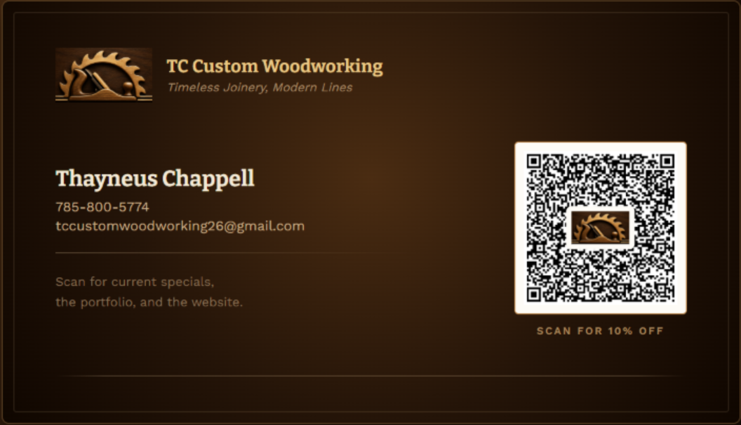 TC Custom Woodworking business card for Thayneus Chappell