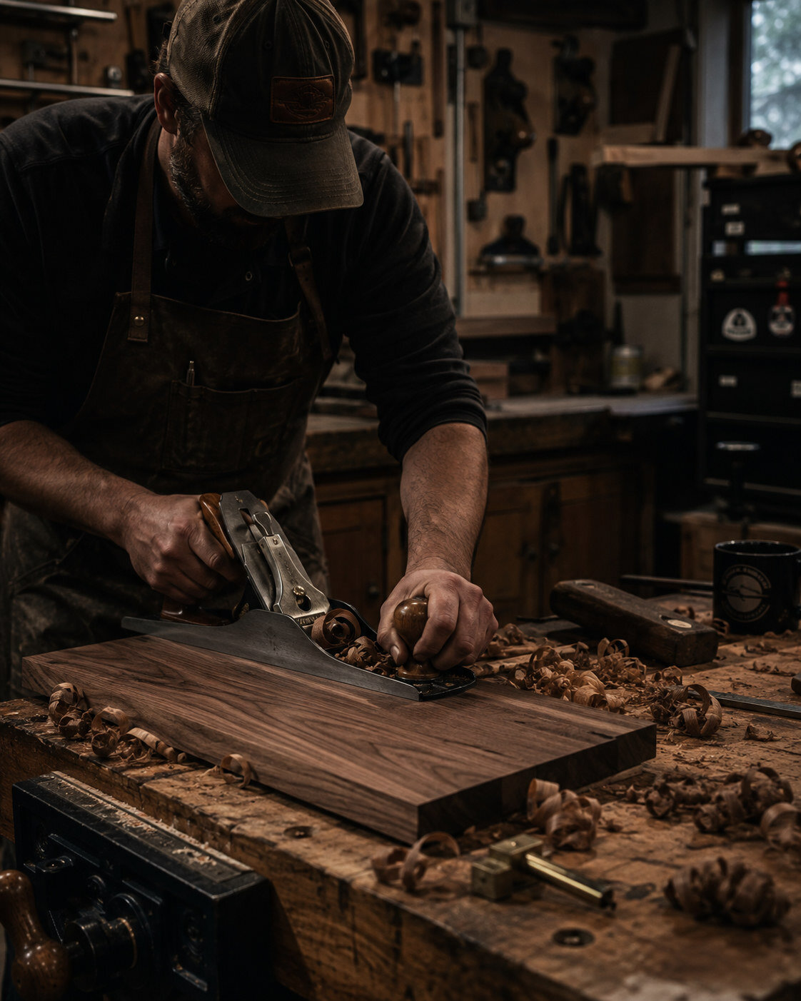 Hand tools and a work-in-progress panel on the shop bench