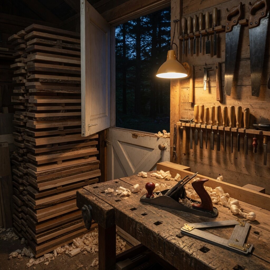 Hardwood boards stacked at the shop door