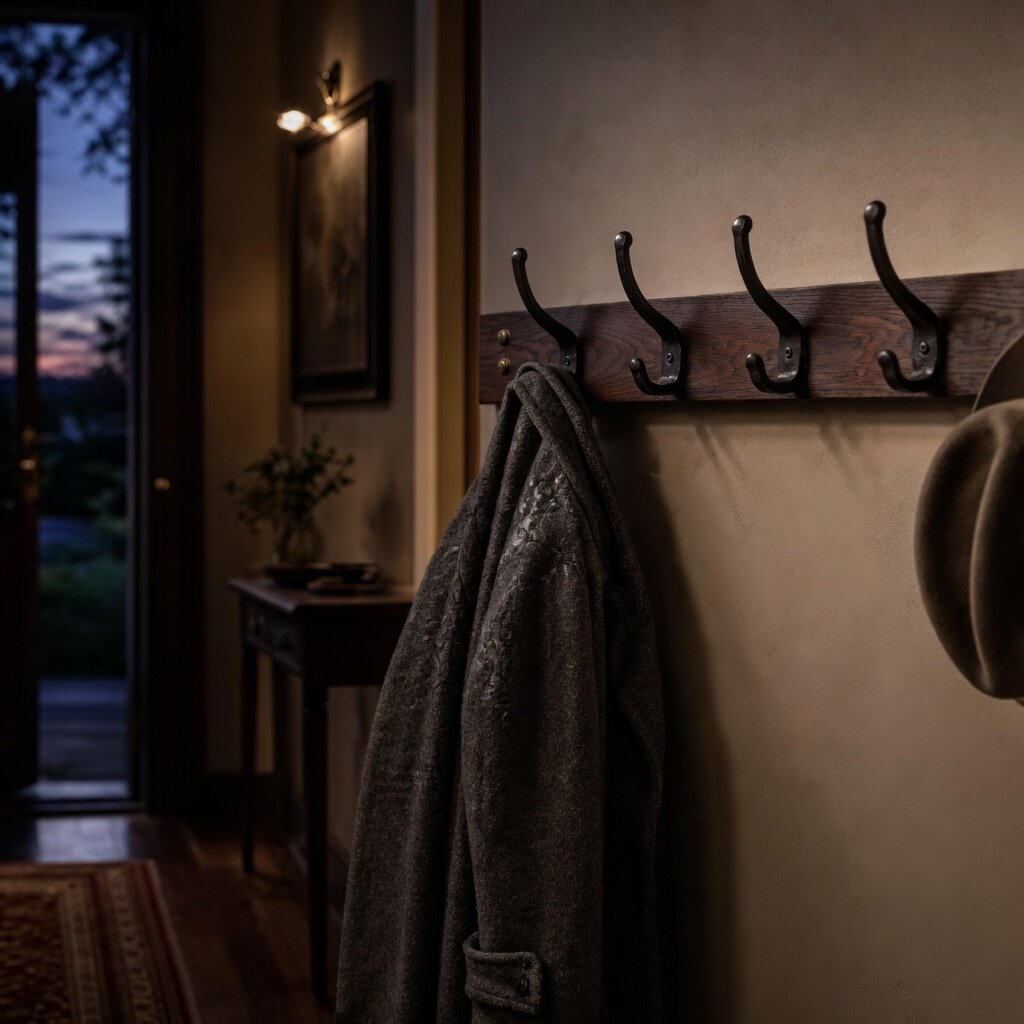Walnut wall coat rack with coat and hat