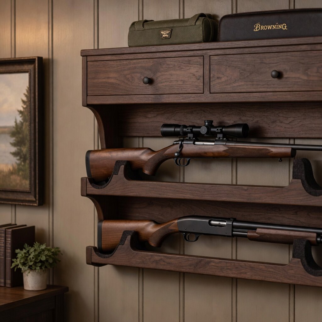 Walnut two-tier gun shelf