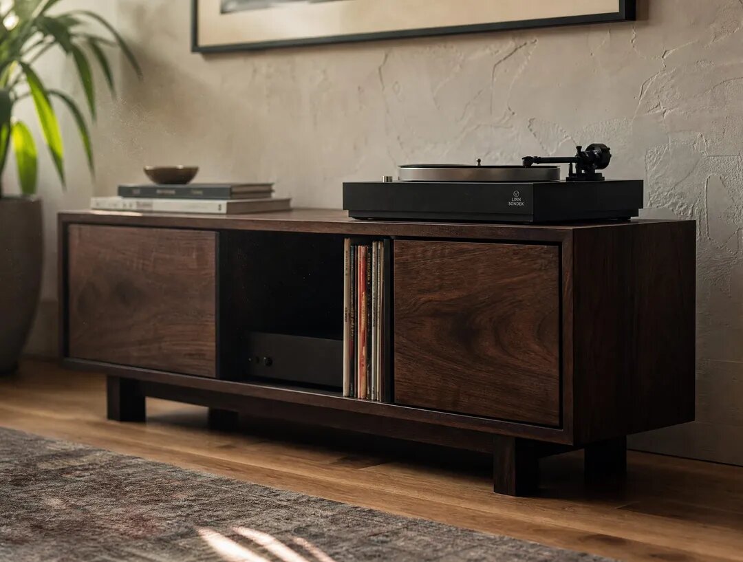Walnut stereo console with turntable and records